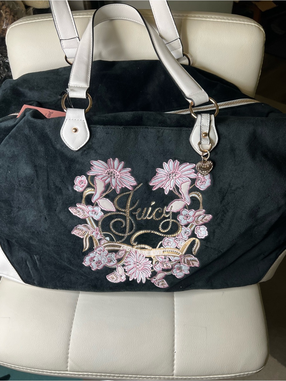 Juicy Couture Black Suede Tote with Pink Floral Embroidery and White Handles